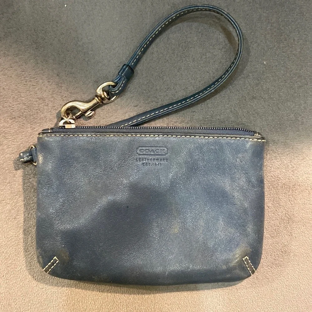Coach small leather wristlet in denim blue